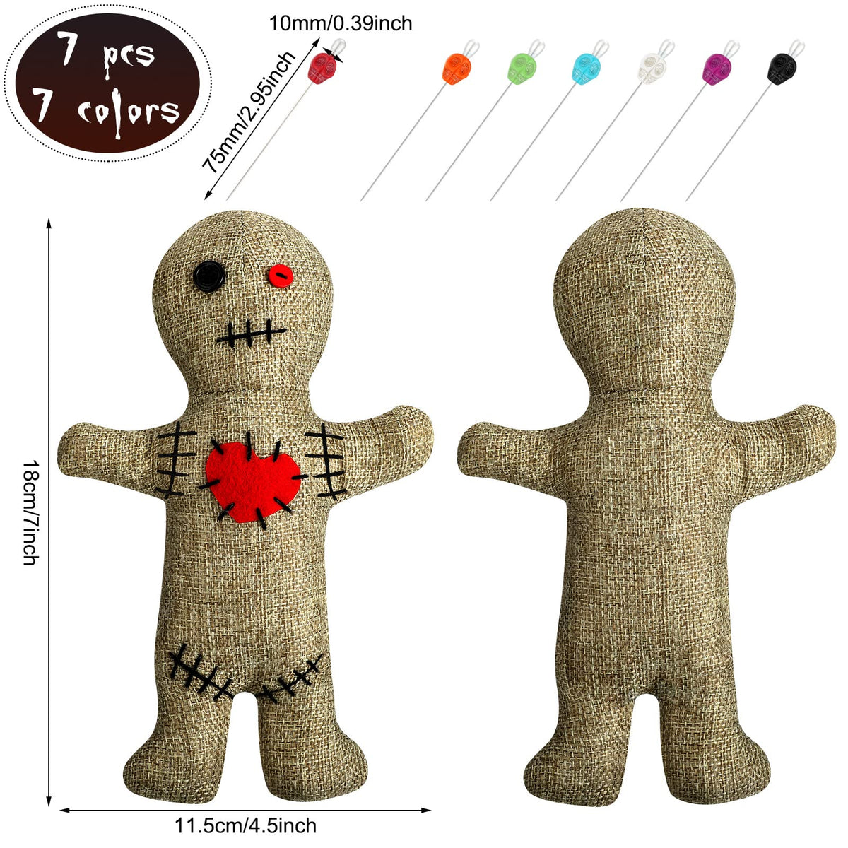 Kathfly 8-Pcs Voodoo Doll Set – 7-Inch Doll + 7 Skull Pins for Halloween Decor & Gift