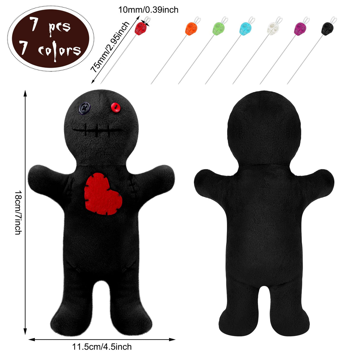 Kathfly 8 Pcs Voodoo Doll Set – 7-Inch Horror Doll with Skull Pins (Black)