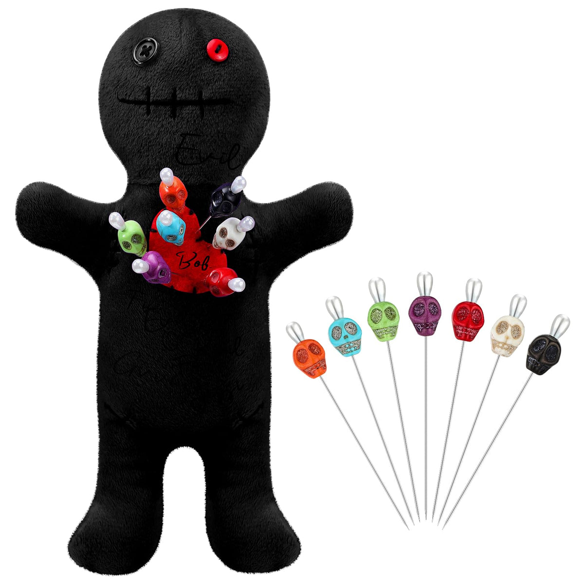 Kathfly 8 Pcs Voodoo Doll Set – 7-Inch Horror Doll with Skull Pins (Black)