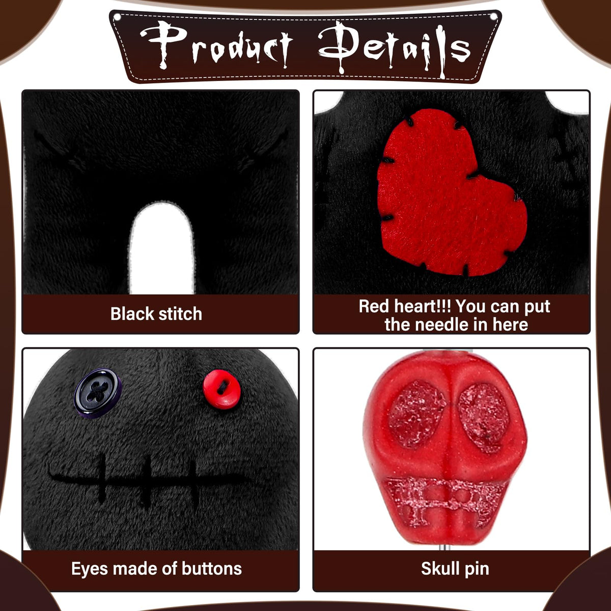 Kathfly 8 Pcs Voodoo Doll Set – 7-Inch Horror Doll with Skull Pins (Black)