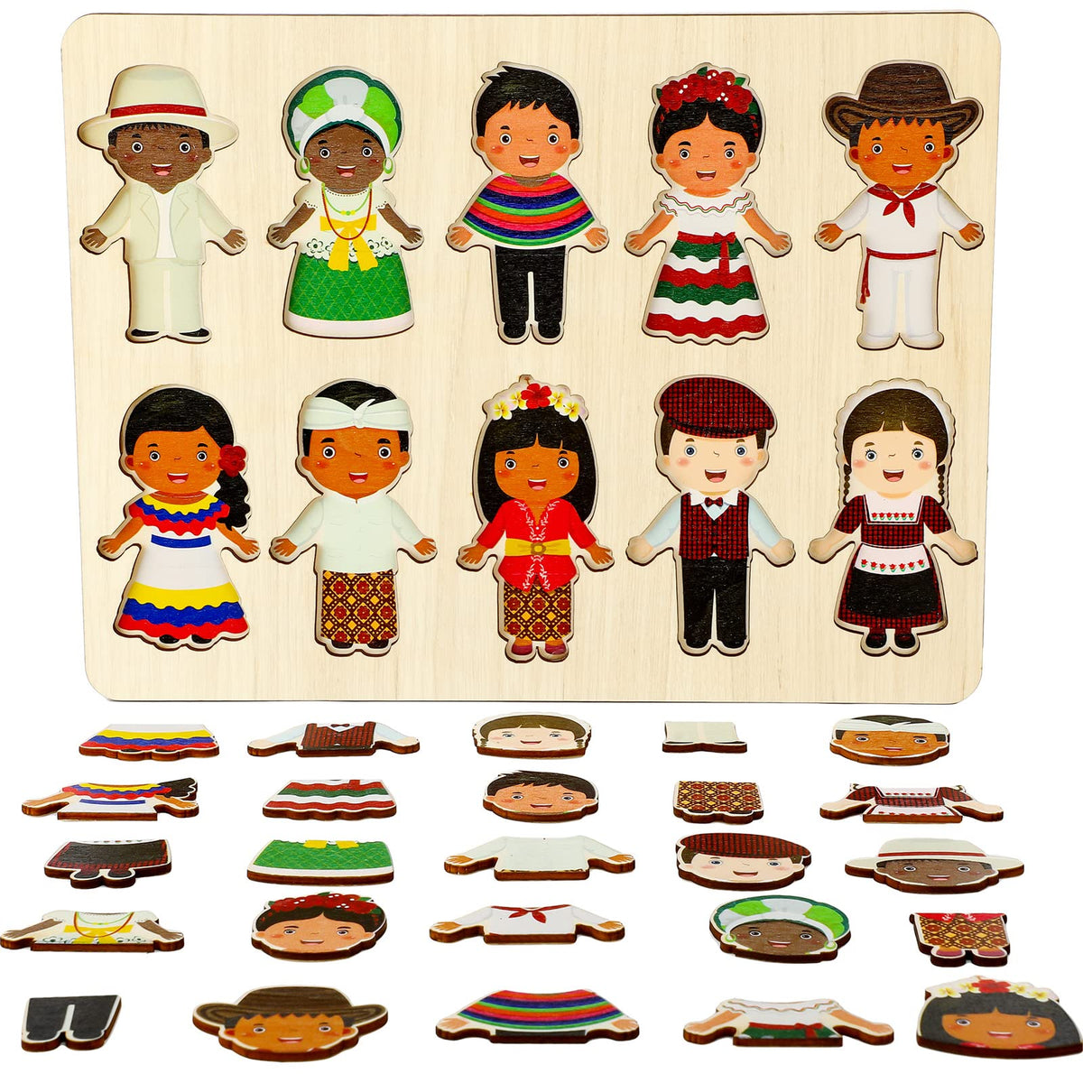 Kathfly Wooden Multicultural Doll Puzzles – Interchangeable Dress Up Diversity