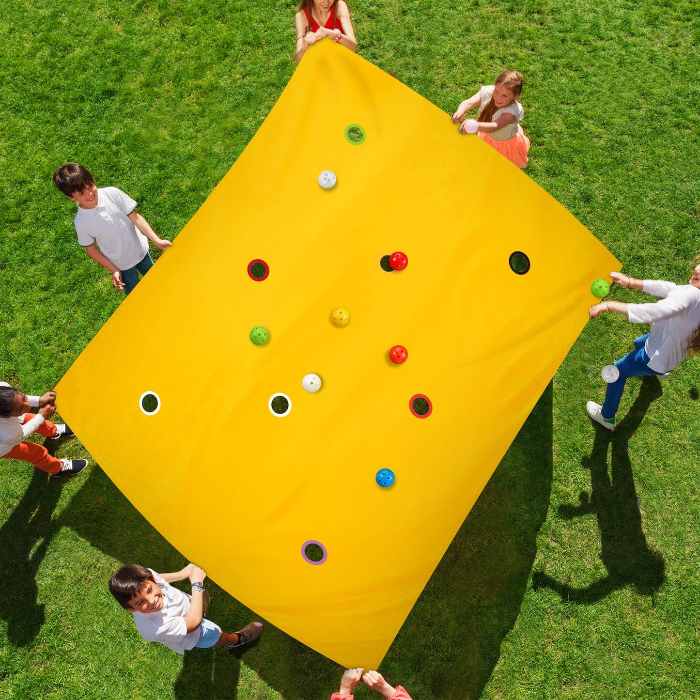 Kathfly Yellow Hole Tarp Team Building Game 98x70 in with 8 Colorful Balls