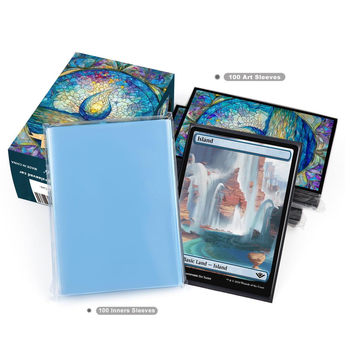 Katomula 100 MTG Card Sleeves with 100 Inner Sleeves – Island Art, Textured Back