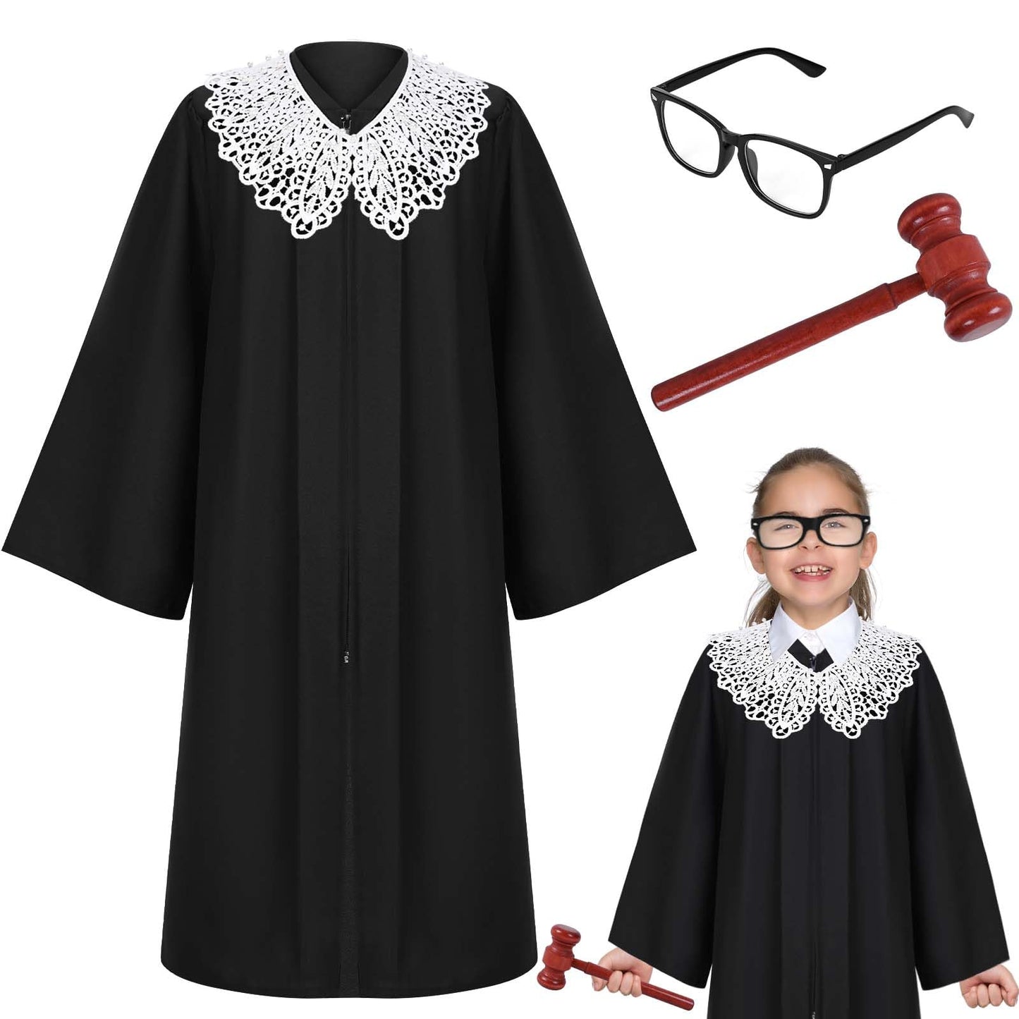 Kavoc 4 Pcs Kids Judge Costume Set — Robe, Collar, Gavel & Glasses for Halloween & Career Day