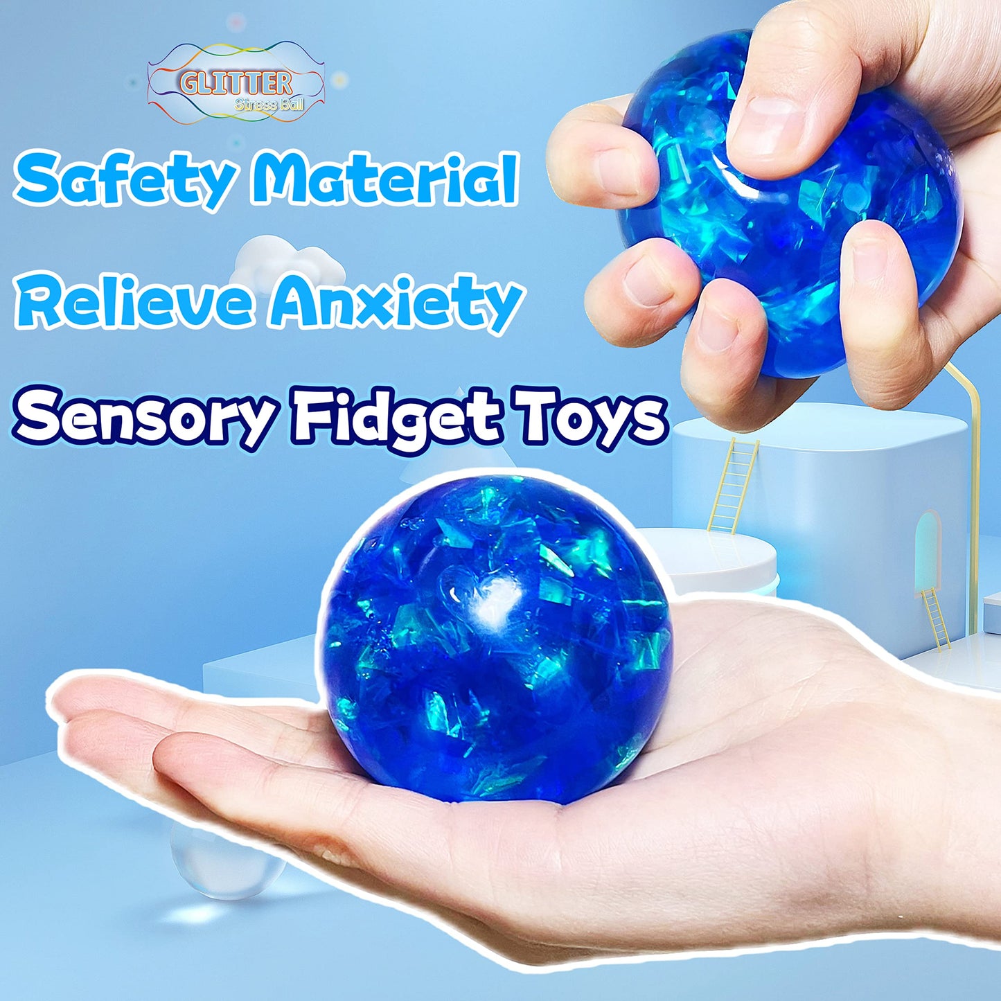 Kawaite Blue Glitter Stress Ball – Squishy Fidget Toy for Calm, Focus & Fun