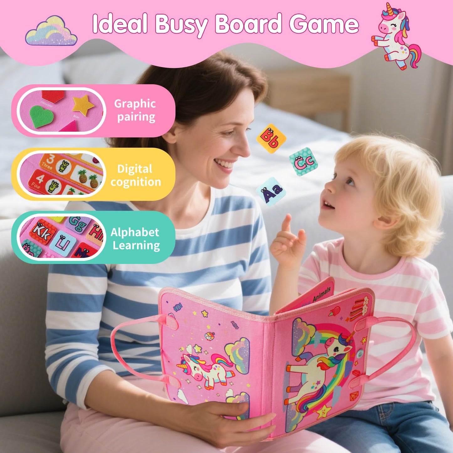 KAWITLO Montessori Toddler Busy Board – Unicorn Pink Sensory Learning Toy for Travel & Gift