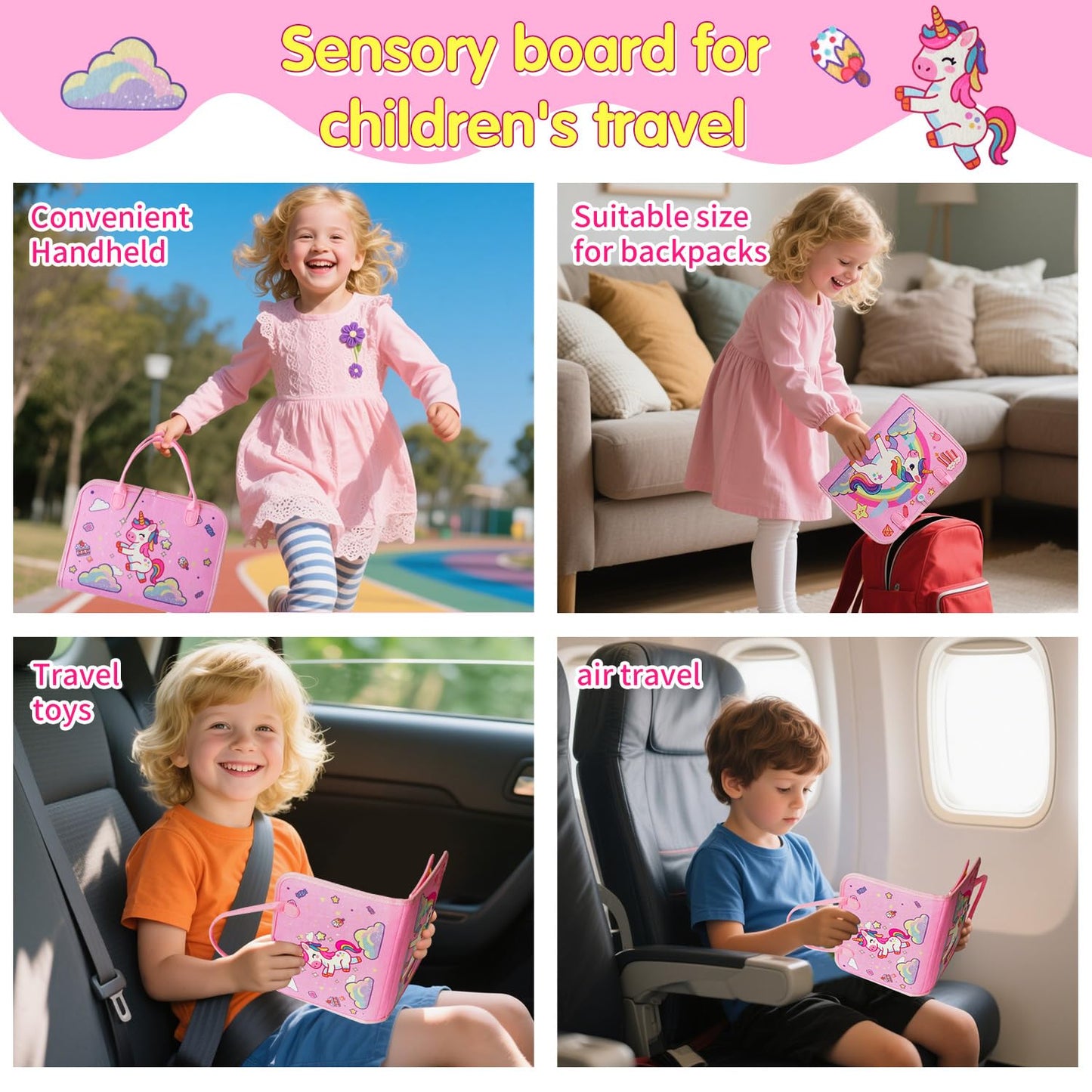 KAWITLO Montessori Toddler Busy Board – Unicorn Pink Sensory Learning Toy for Travel & Gift