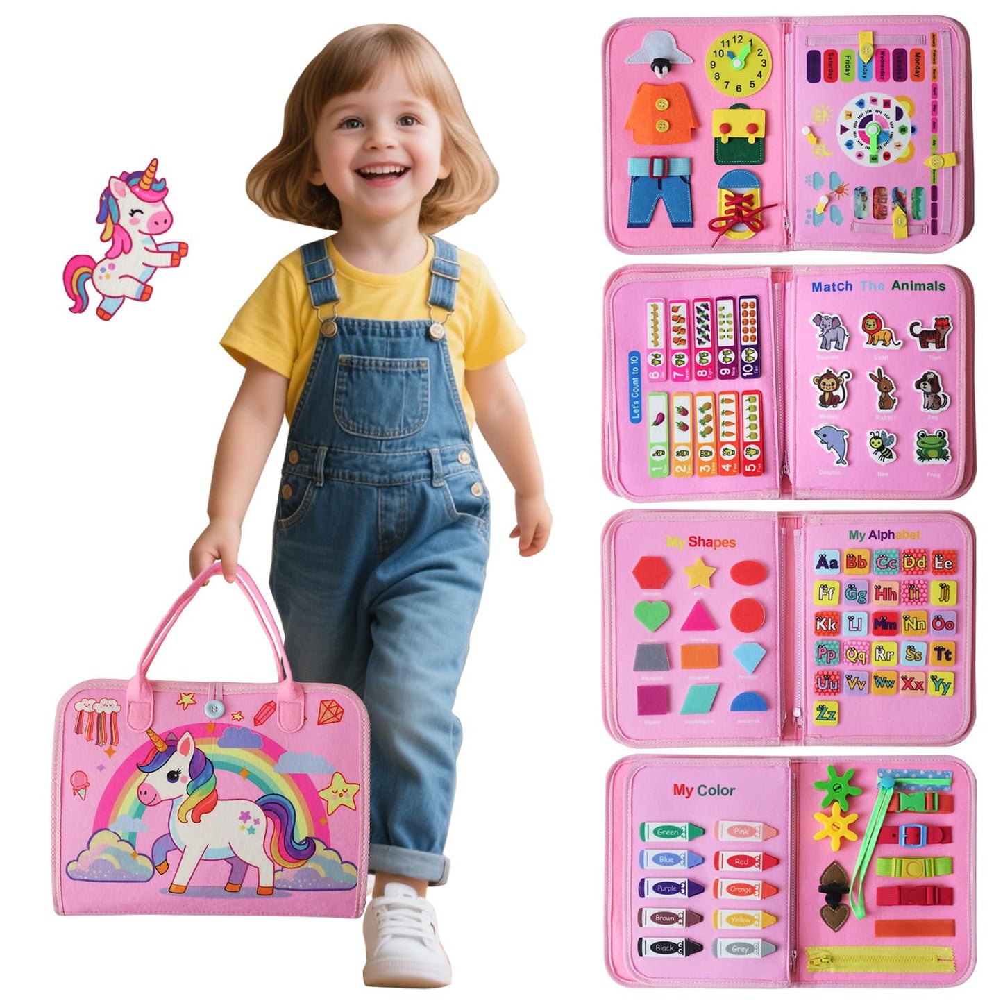 KAWITLO Montessori Toddler Busy Board – Unicorn Pink Sensory Learning Toy for Travel & Gift