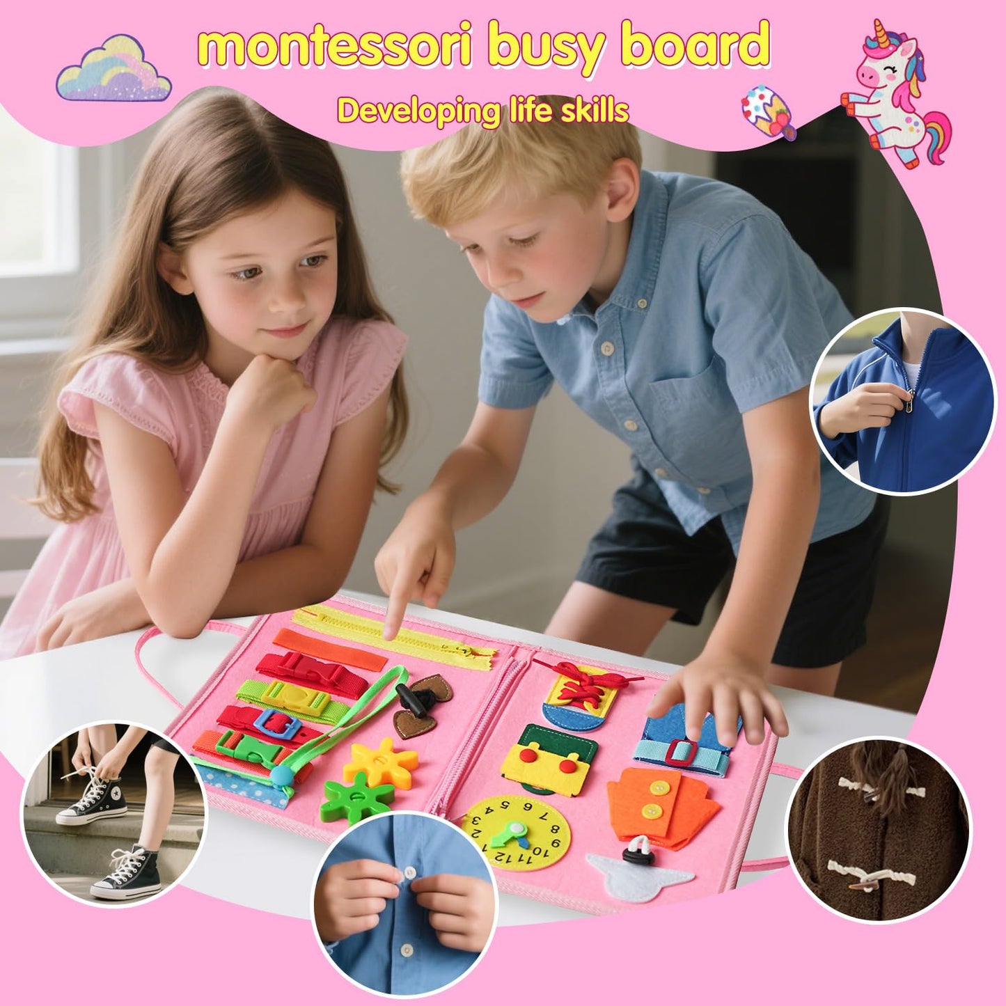 KAWITLO Montessori Toddler Busy Board – Unicorn Pink Sensory Learning Toy for Travel & Gift