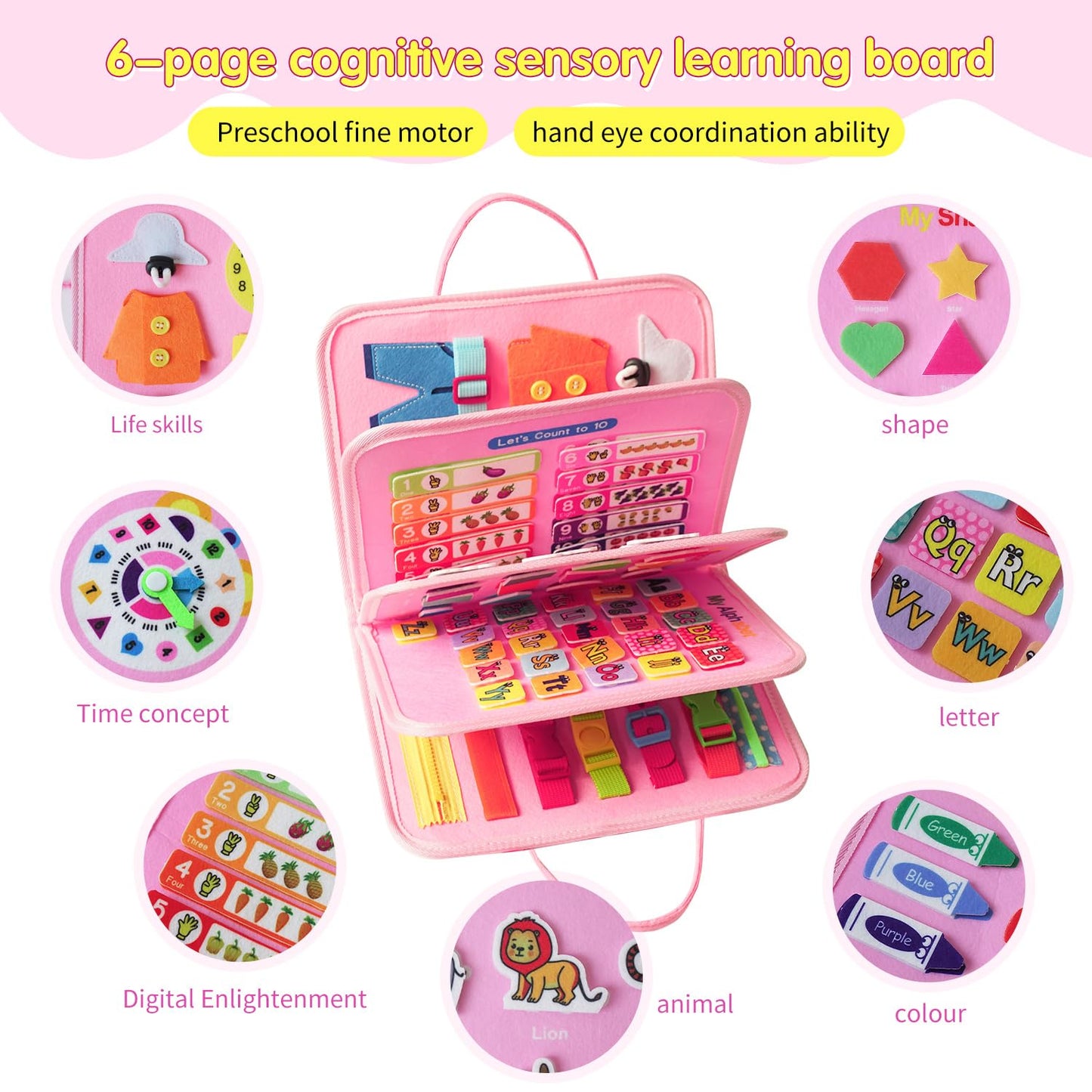 KAWITLO Montessori Toddler Busy Board – Unicorn Pink Sensory Learning Toy for Travel & Gift