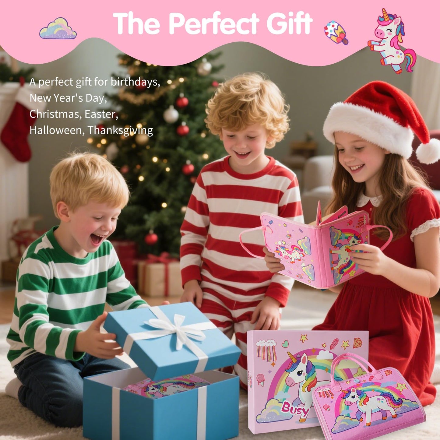 KAWITLO Montessori Toddler Busy Board – Unicorn Pink Sensory Learning Toy for Travel & Gift