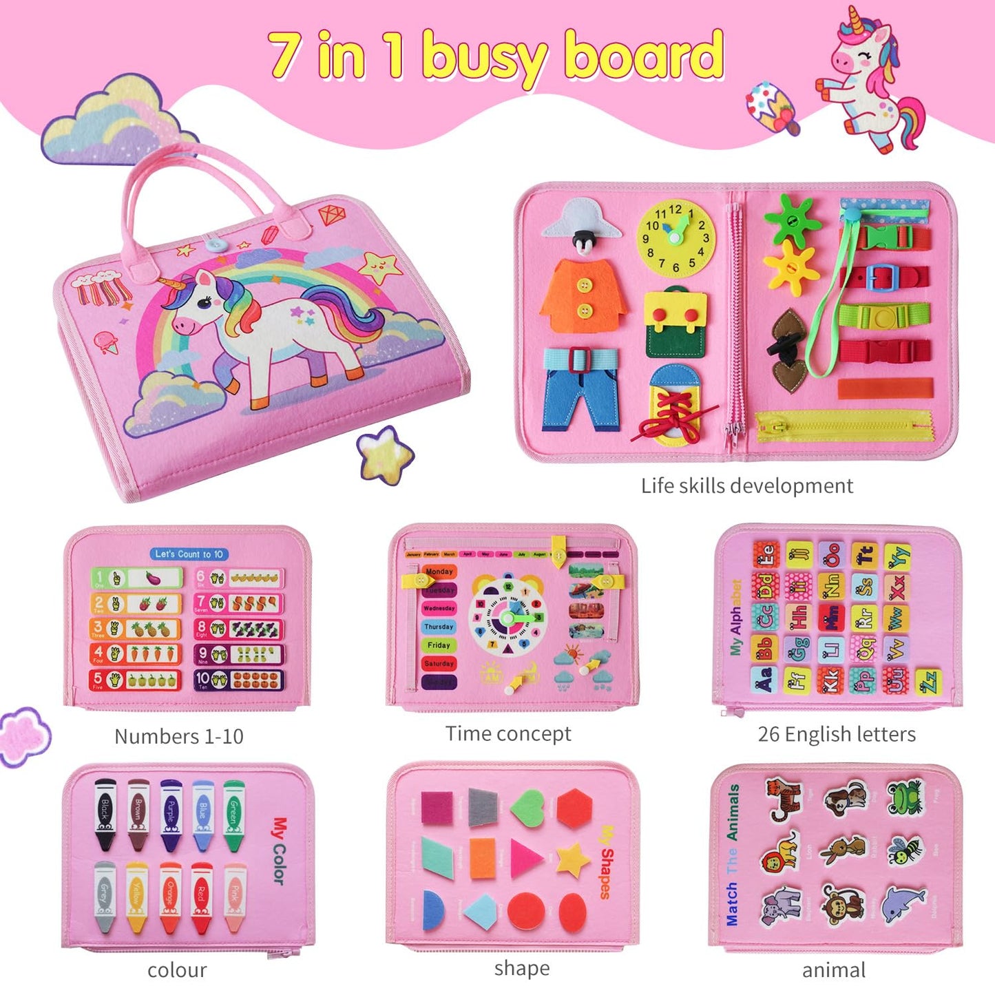 KAWITLO Montessori Toddler Busy Board – Unicorn Pink Sensory Learning Toy for Travel & Gift