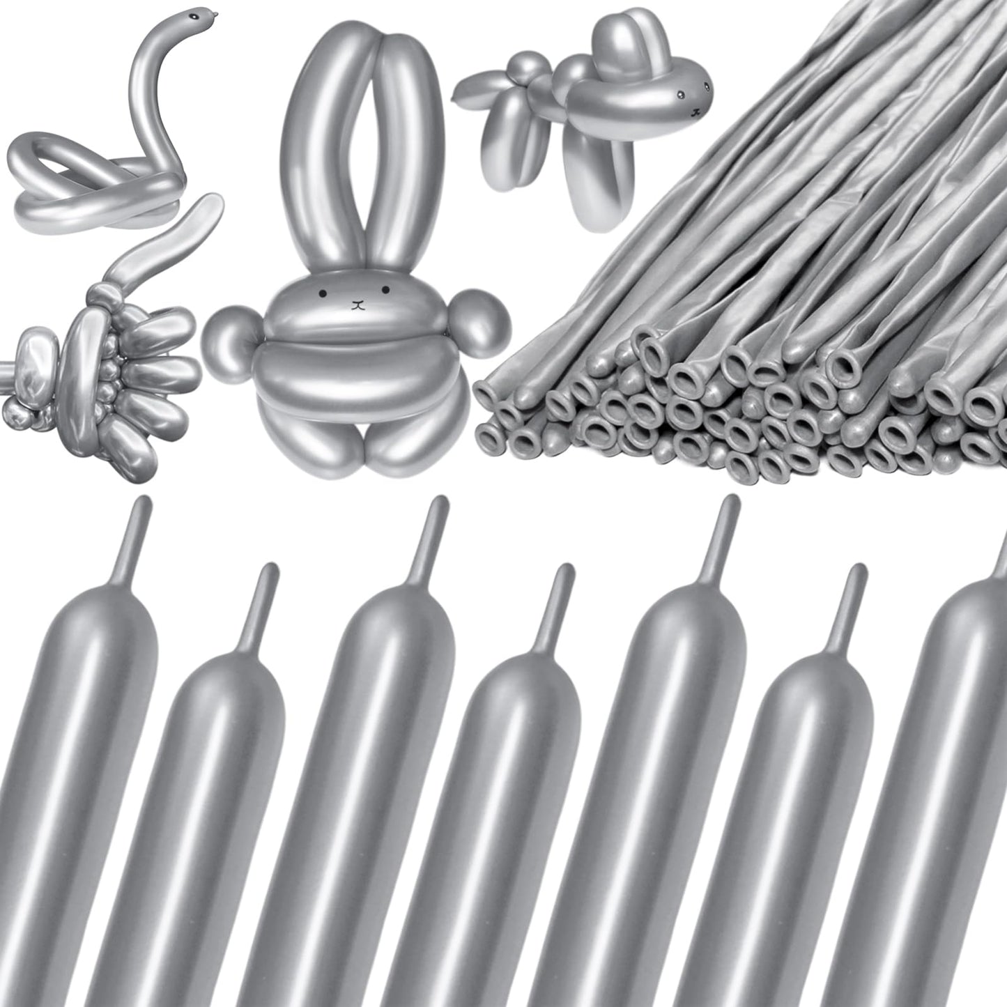 KAWKALSH 260 Metallic Silver Long Balloons – 100pc for Garlands, Twisting Animals, and Party Decor
