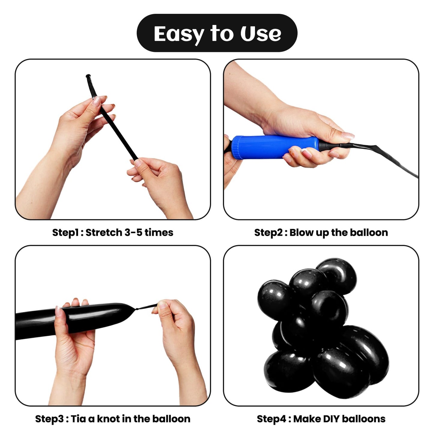 KAWKALSH 260 Black Long Balloons – Thick 20% Latex for Twisting & Party Decor (100pcs)