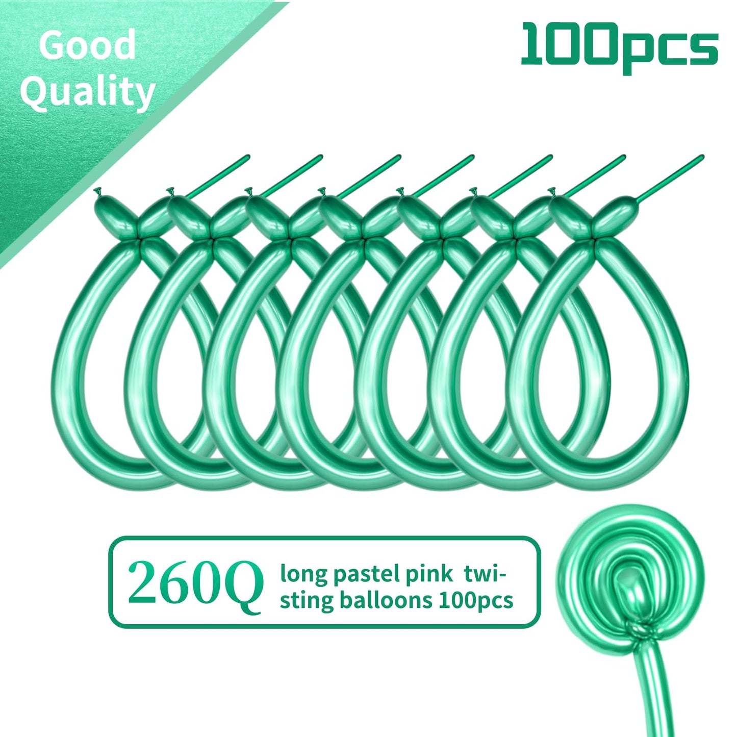 KAWKALSH 260 Metallic Green Long Balloons – 100pc Thick Latex Balloon Set for Creative Animal Shapes