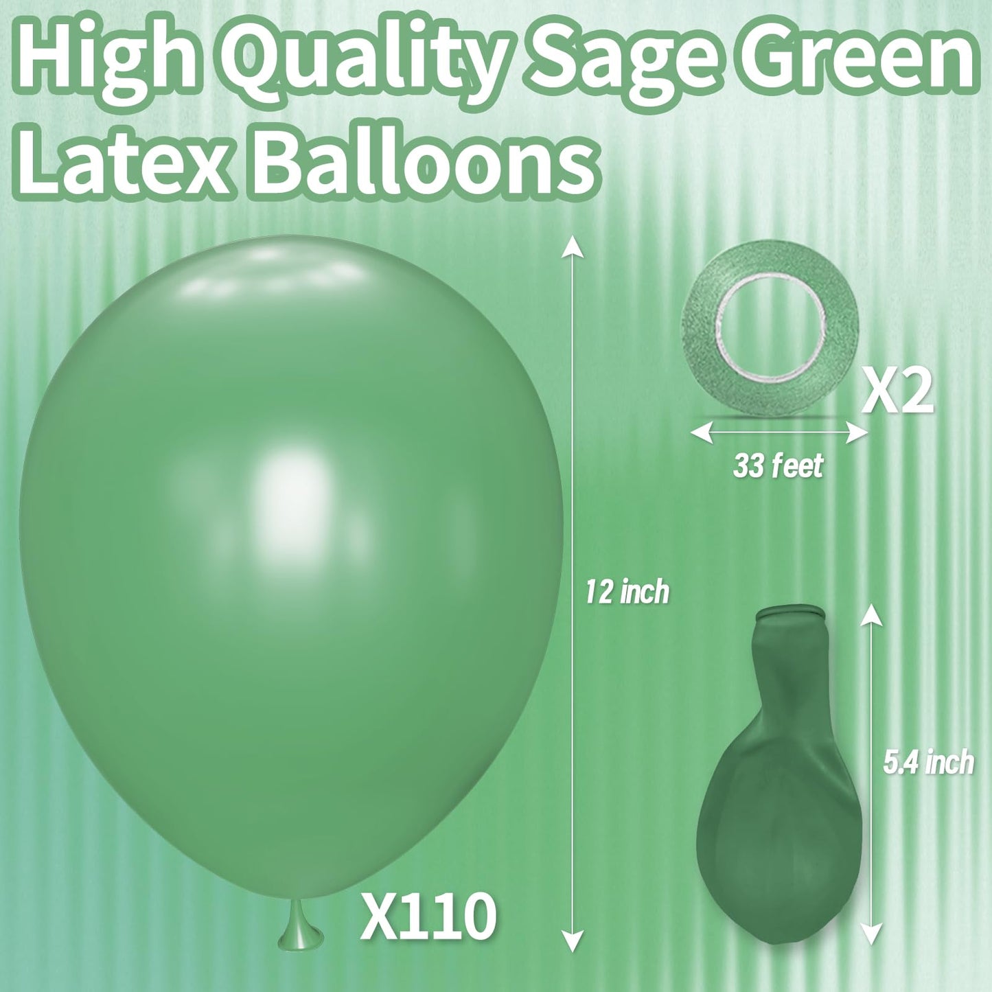KAWKALSH Sage Green 12-Inch Latex Balloons | 110-Count Bulk Pack for Weddings, Baby Showers & Events
