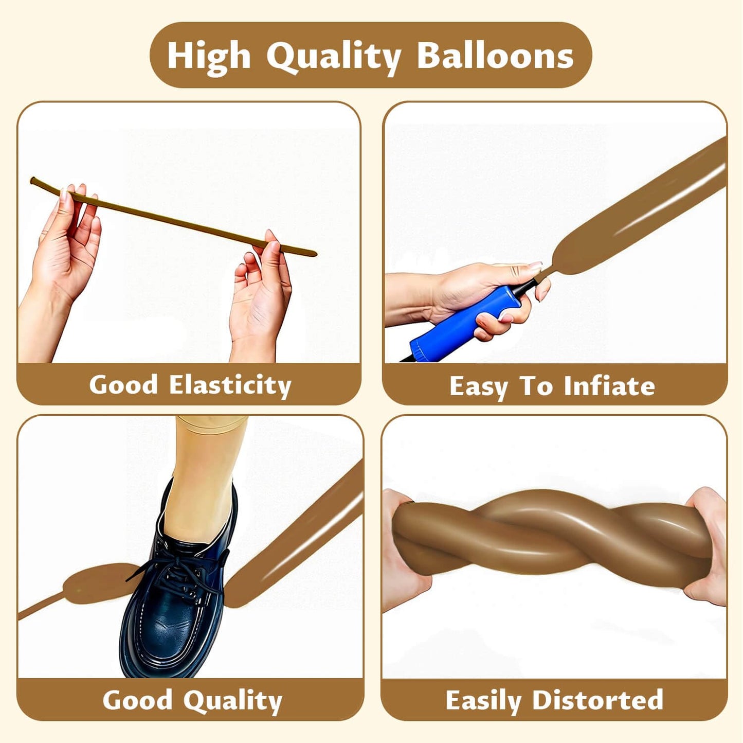 KAWKALSH 260 Coffee Brown Long Balloons – Thick, Elastic Natural Latex for Balloon Garlands & Animal Twists (100pcs)