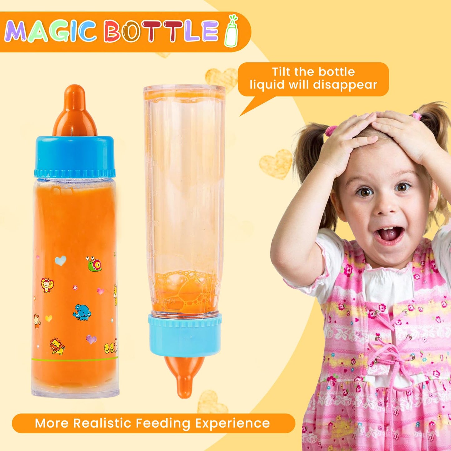 Kaydora Baby Doll Bottle Accessories – 6-Piece Pretend Play Set with Milk & Juice Bottles, Pacifiers, Yellow