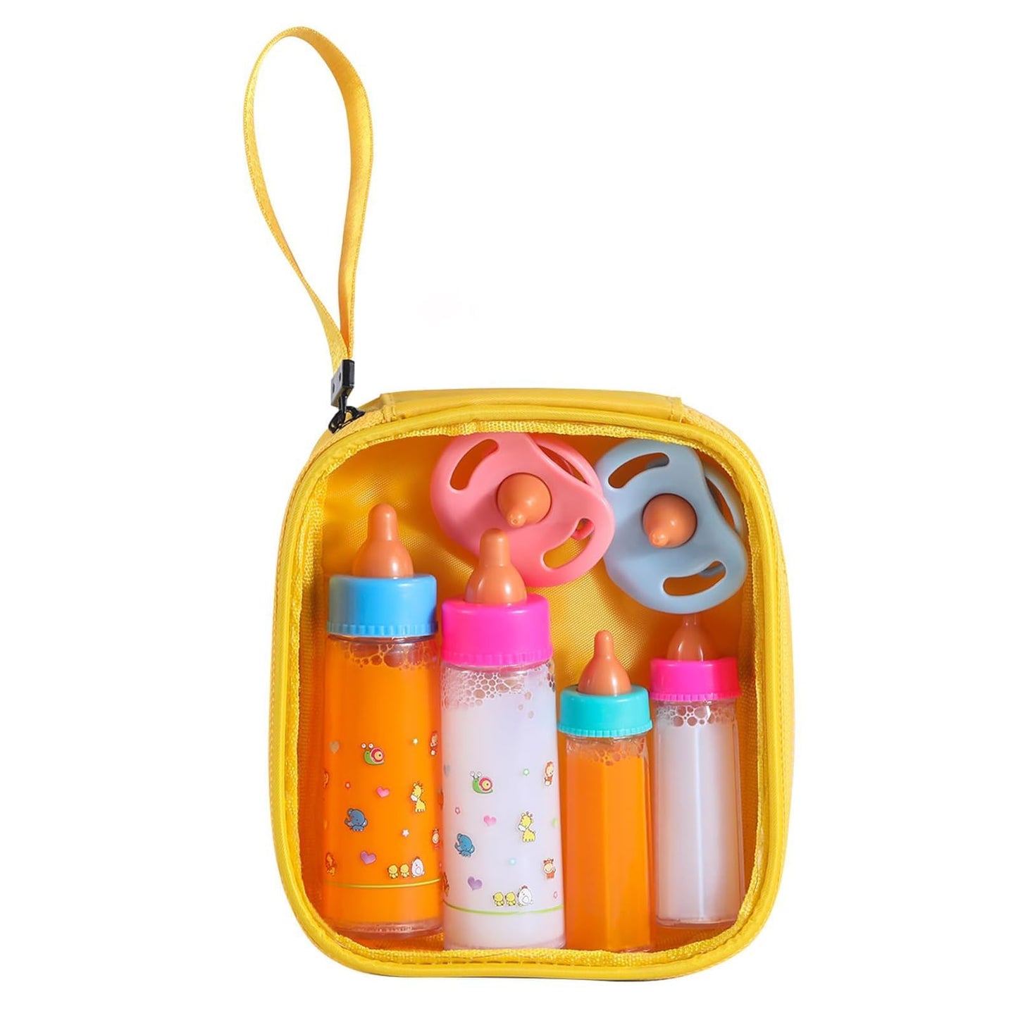 Kaydora Baby Doll Bottle Accessories – 6-Piece Pretend Play Set with Milk & Juice Bottles, Pacifiers, Yellow