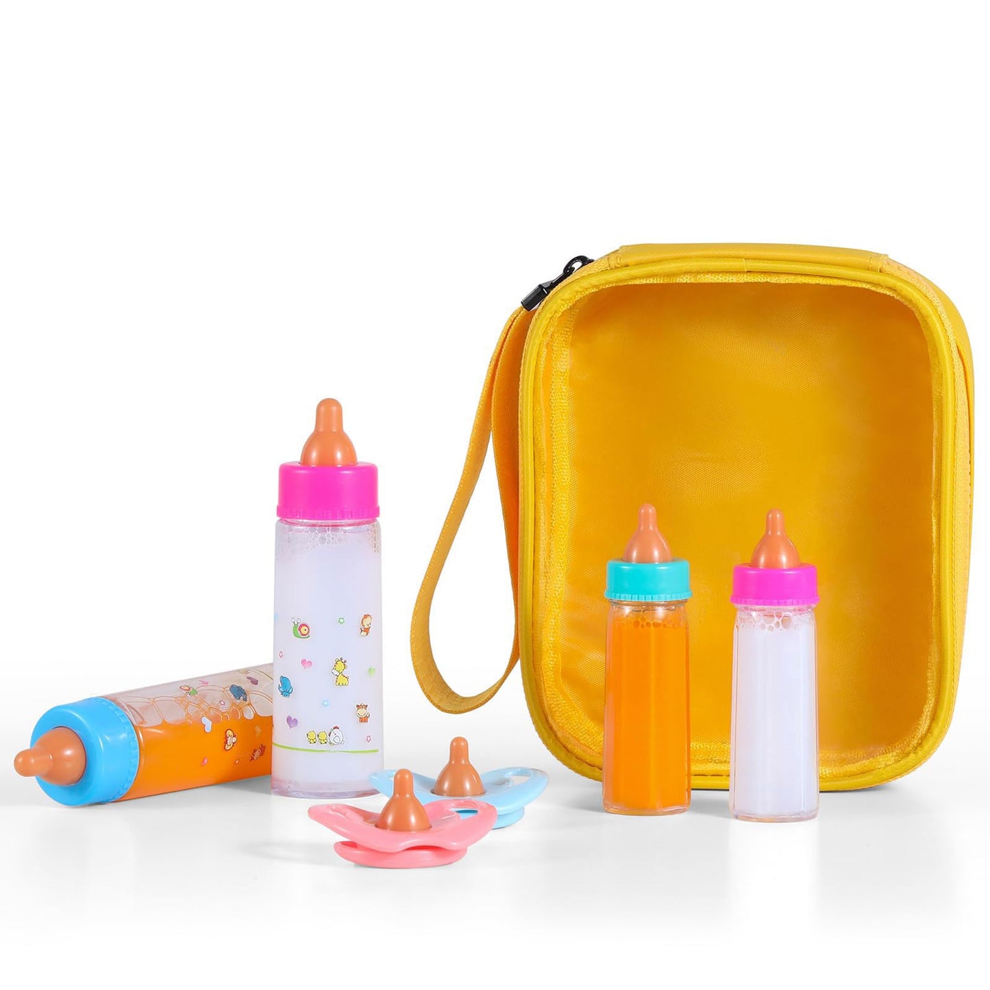 Kaydora Baby Doll Bottle Accessories – 6-Piece Pretend Play Set with Milk & Juice Bottles, Pacifiers, Yellow