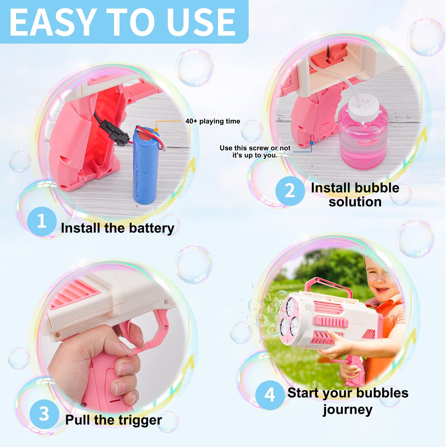 KB KAIBO Upgraded Bubble Gun No Dip Pink – 9000+ Bubbles/Min, Light, 60+ Minutes Play