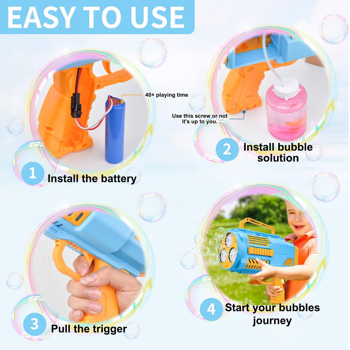 KB KAIBO Upgraded Bubble Gun No Dip – LED Bubble Machine, 9000+ Bubbles/Min