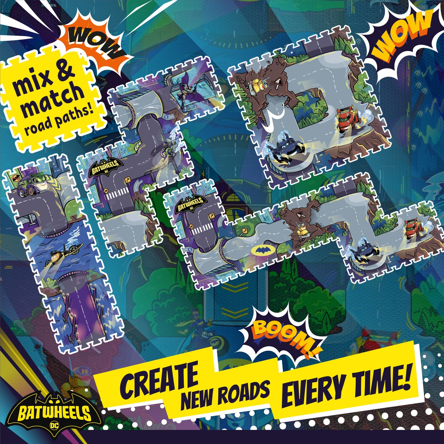 KC Cubs Batwheels EVA Foam Puzzle Mat — 16 Tiles, 24 Borders, 12x12” Road Play Mat for Toddlers & Kids