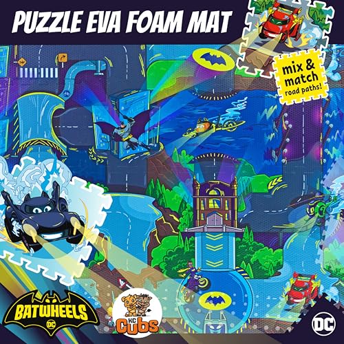 KC Cubs Batwheels EVA Foam Puzzle Mat — 16 Tiles, 24 Borders, 12x12” Road Play Mat for Toddlers & Kids
