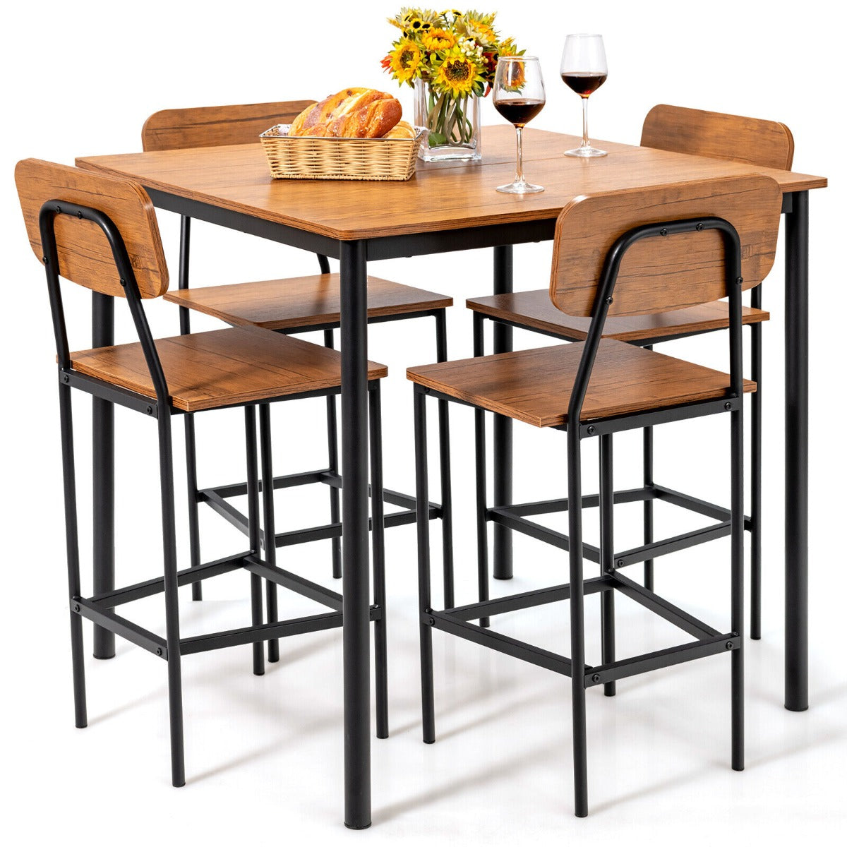 5-Piece Dining Bar Table Set for 4 Counter-Height Dining Table and 4 Bar Chairs-Brown