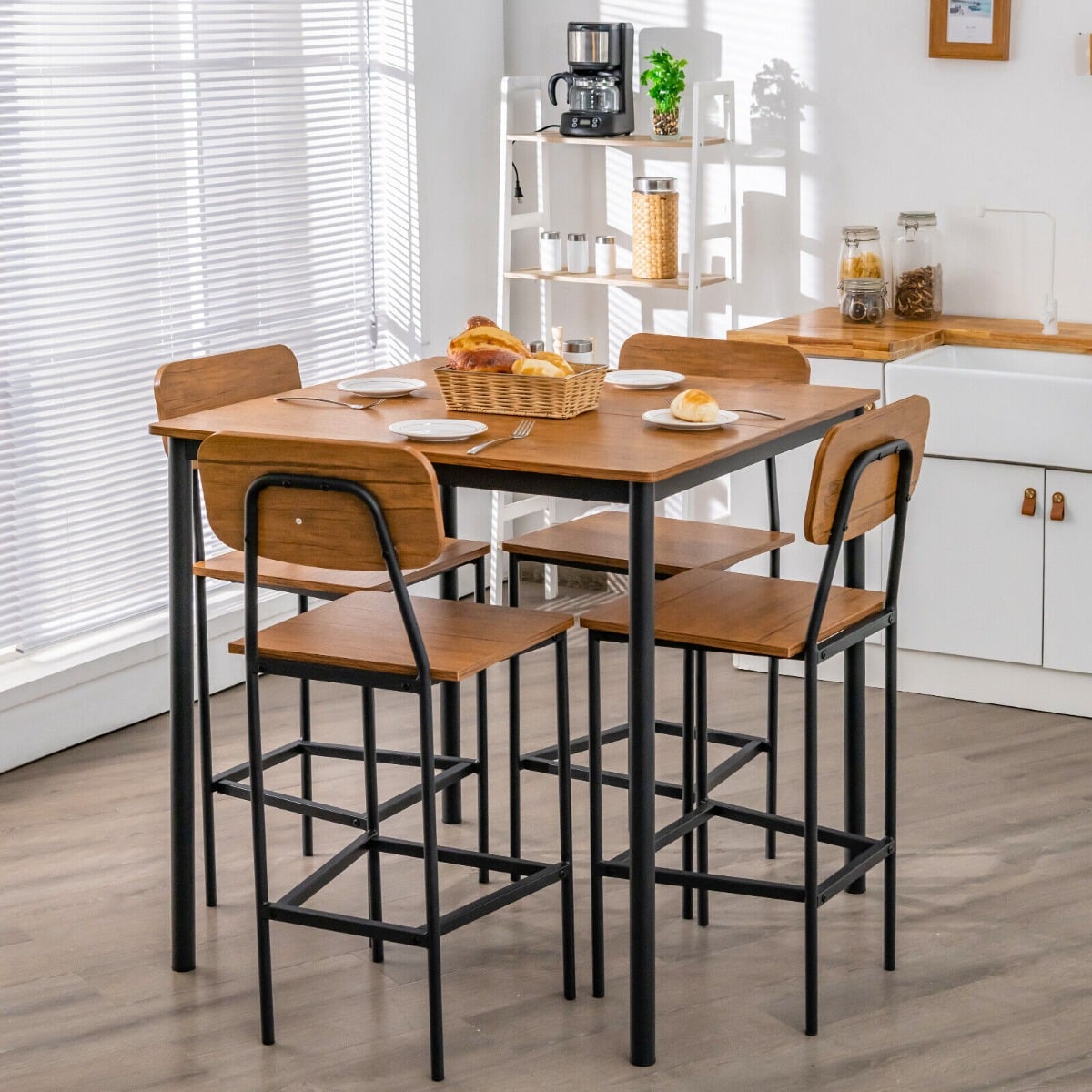5-Piece Dining Bar Table Set for 4 Counter-Height Dining Table and 4 Bar Chairs-Brown