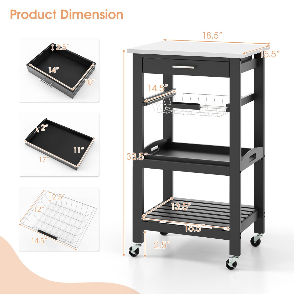4-Tier Rolling Trolley Cart with Lock Wheels Basket and Drawer-Grey