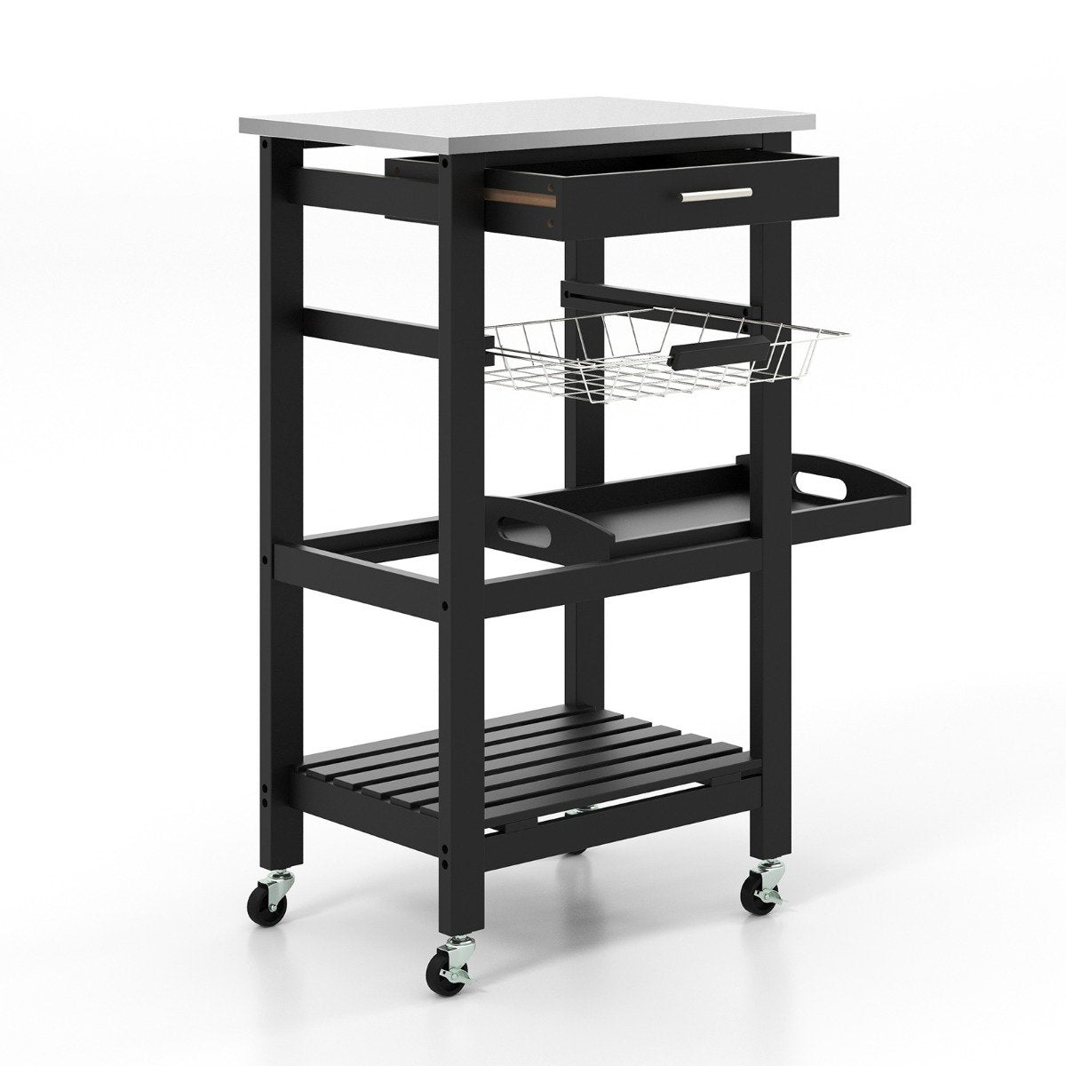 4-Tier Rolling Trolley Cart with Lock Wheels Basket and Drawer-Grey