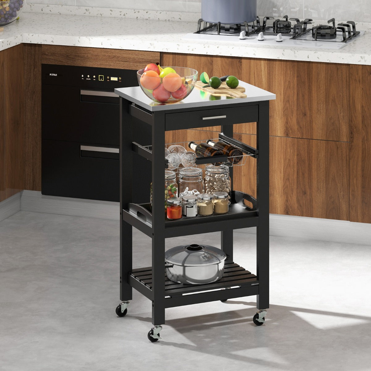 4-Tier Rolling Trolley Cart with Lock Wheels Basket and Drawer-Grey