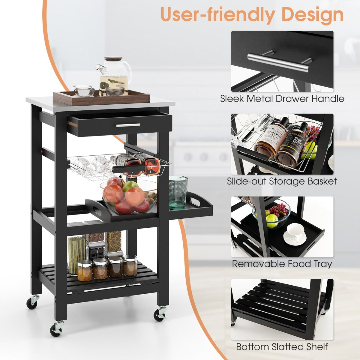 4-Tier Rolling Trolley Cart with Lock Wheels Basket and Drawer-Grey