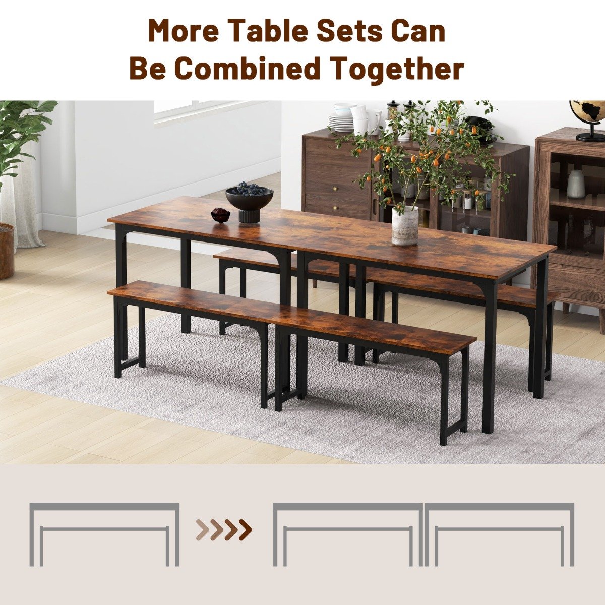 3 Pieces Space-Saving Dining Breakfast Table Set with 2 Benches-Natural