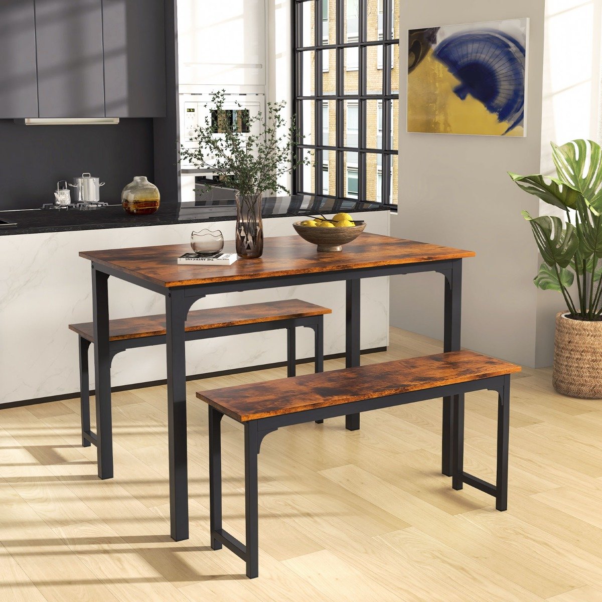 3 Pieces Space-Saving Dining Breakfast Table Set with 2 Benches-Natural