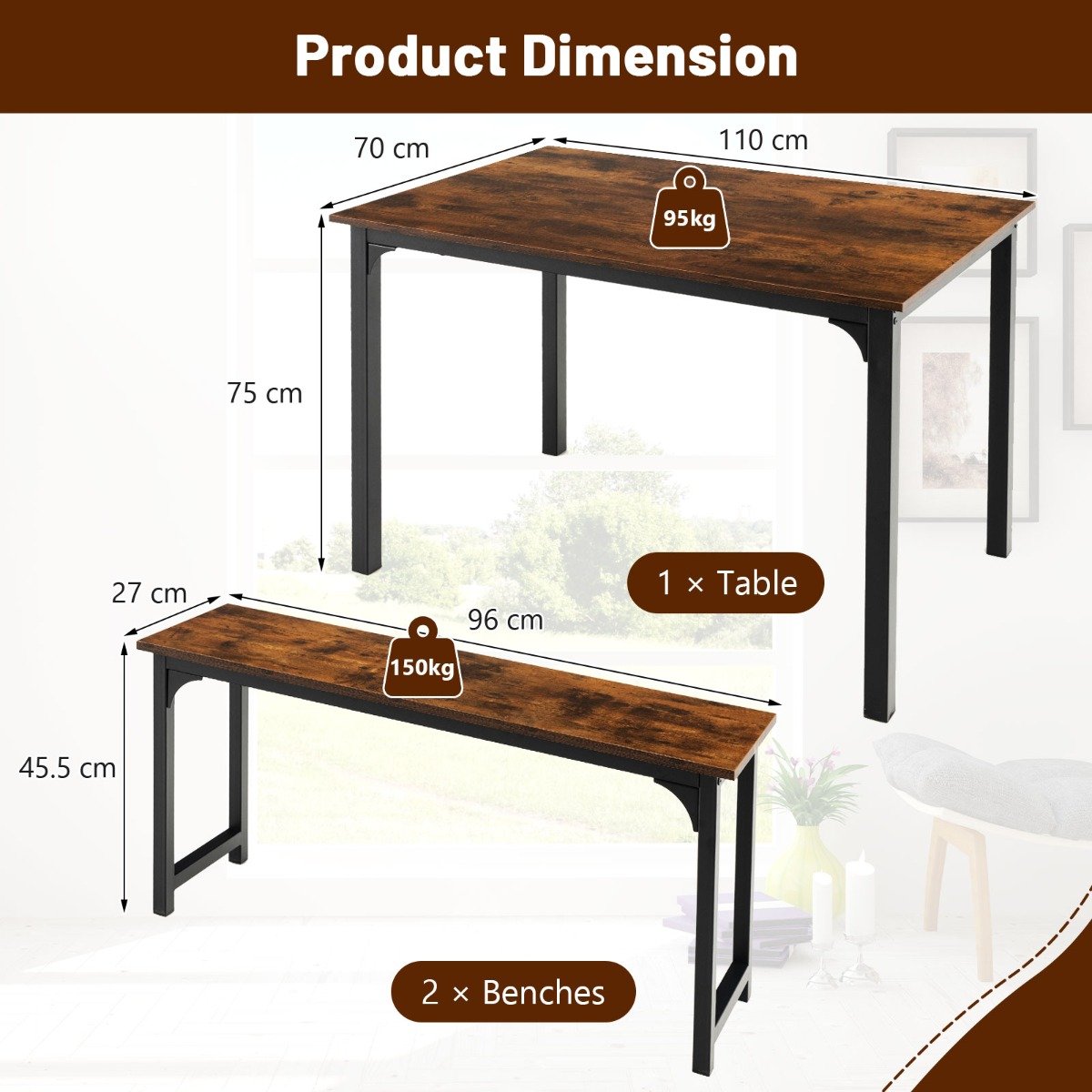 3 Pieces Space-Saving Dining Breakfast Table Set with 2 Benches-Natural