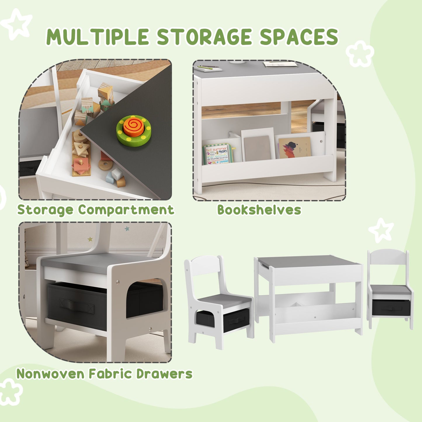 HOMCOM 3PCs Kids Table and Chair Set for Nursery, Playroom, Classroom, Grey