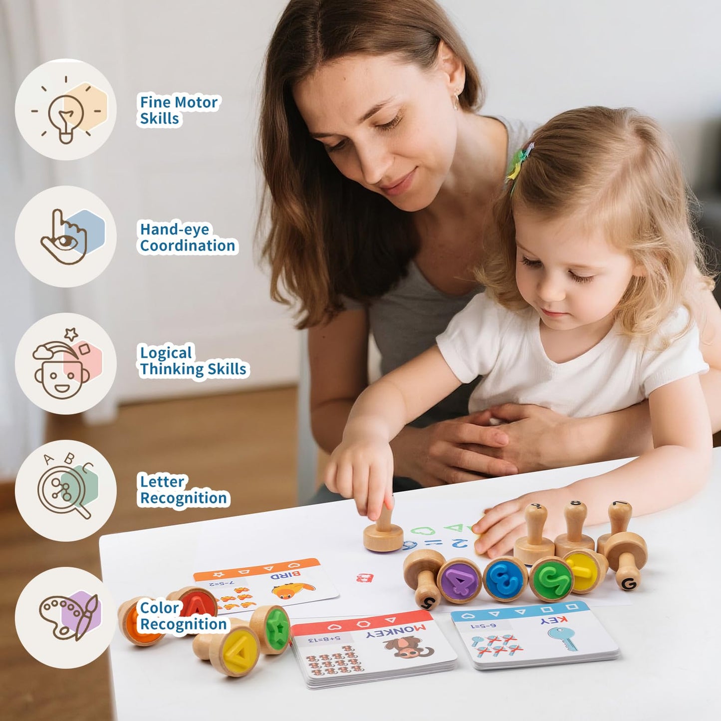 KDSFT Alphabet & Number Stamps for Kids — Wooden Montessori Stampers Set