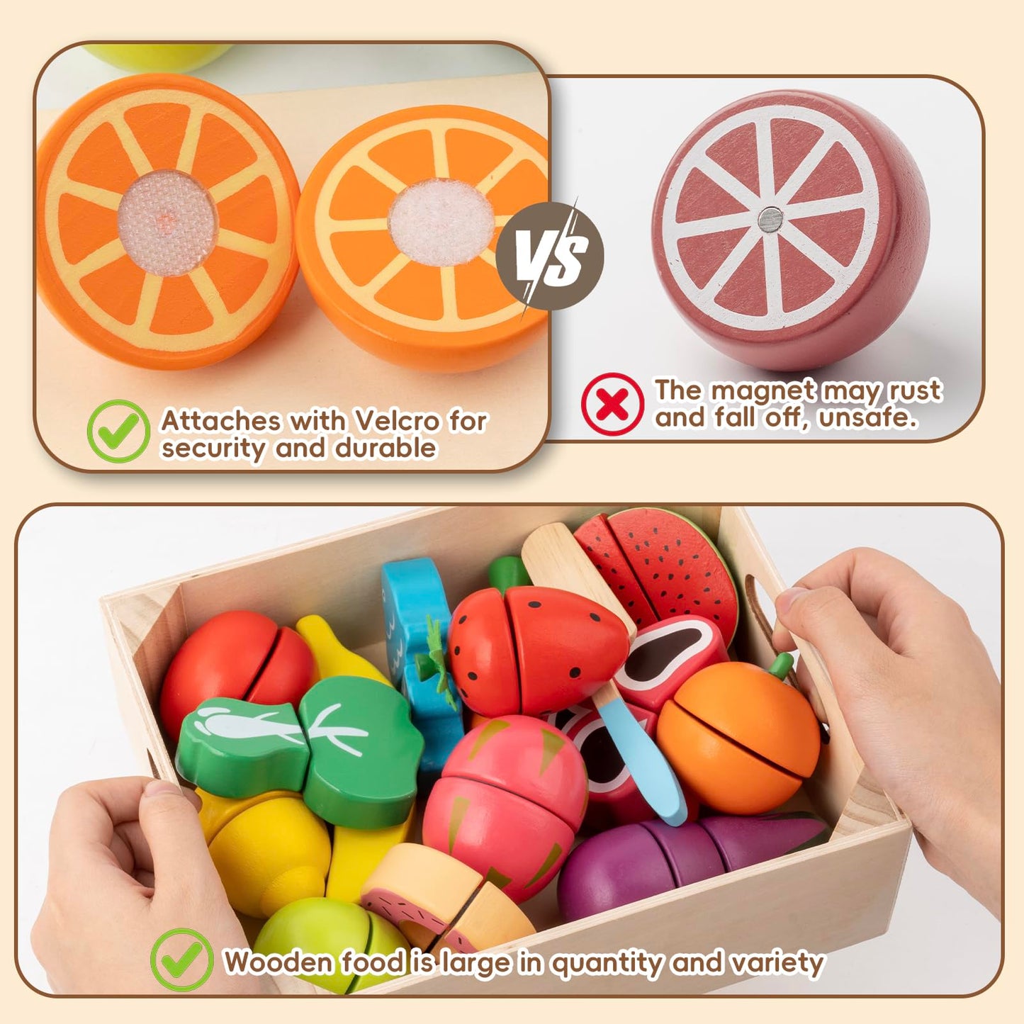 KDSFT Wooden Play Food for Toddlers – 34-Piece Velcro Fruit & Veg Set with Basket
