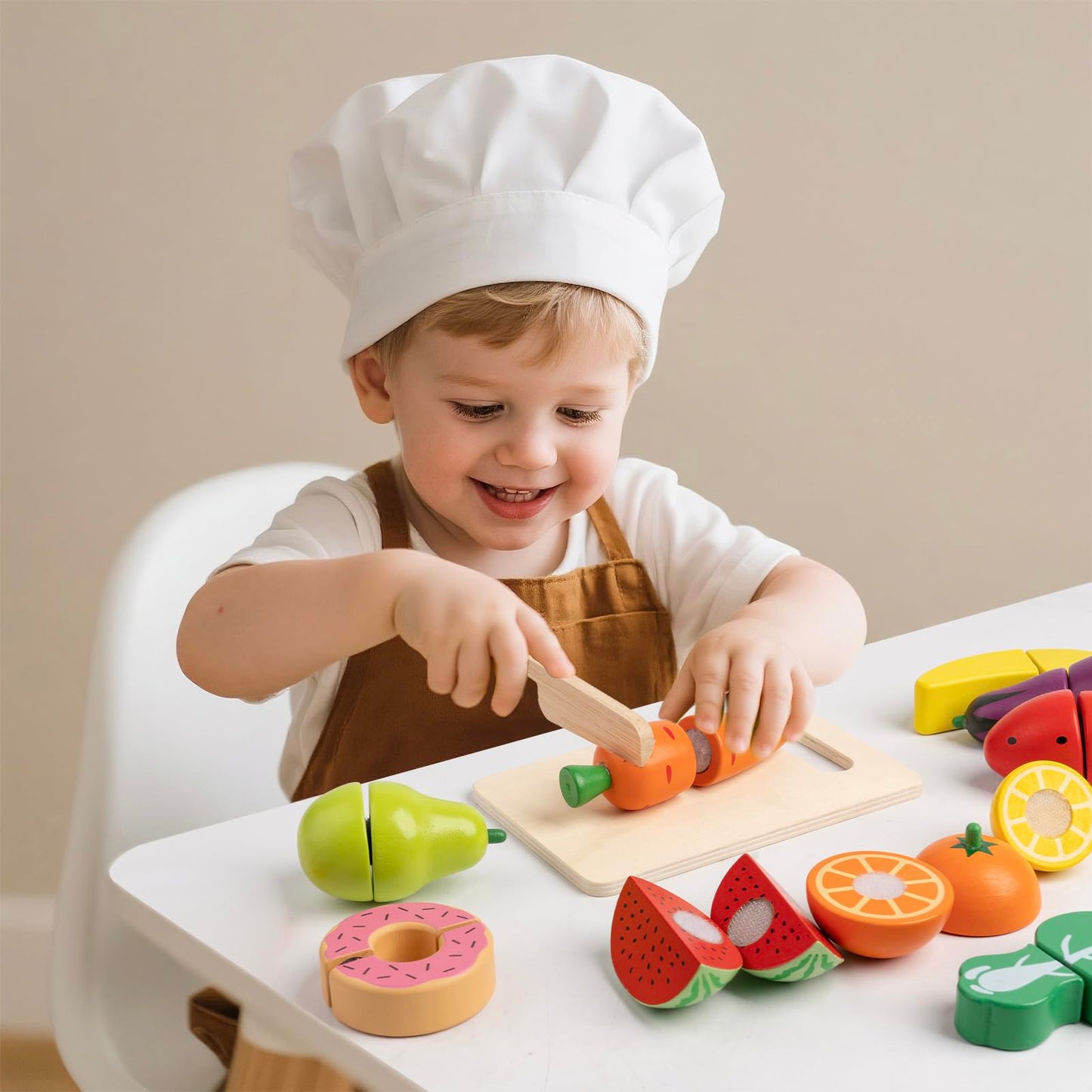 KDSFT Wooden Play Food for Toddlers – 34-Piece Velcro Fruit & Veg Set with Basket