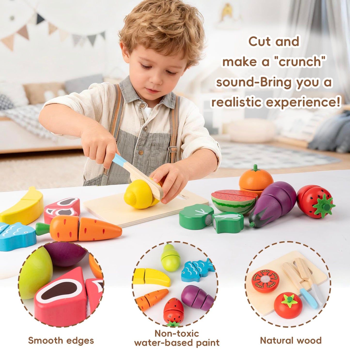 KDSFT Wooden Play Food for Toddlers – 34-Piece Velcro Fruit & Veg Set with Basket