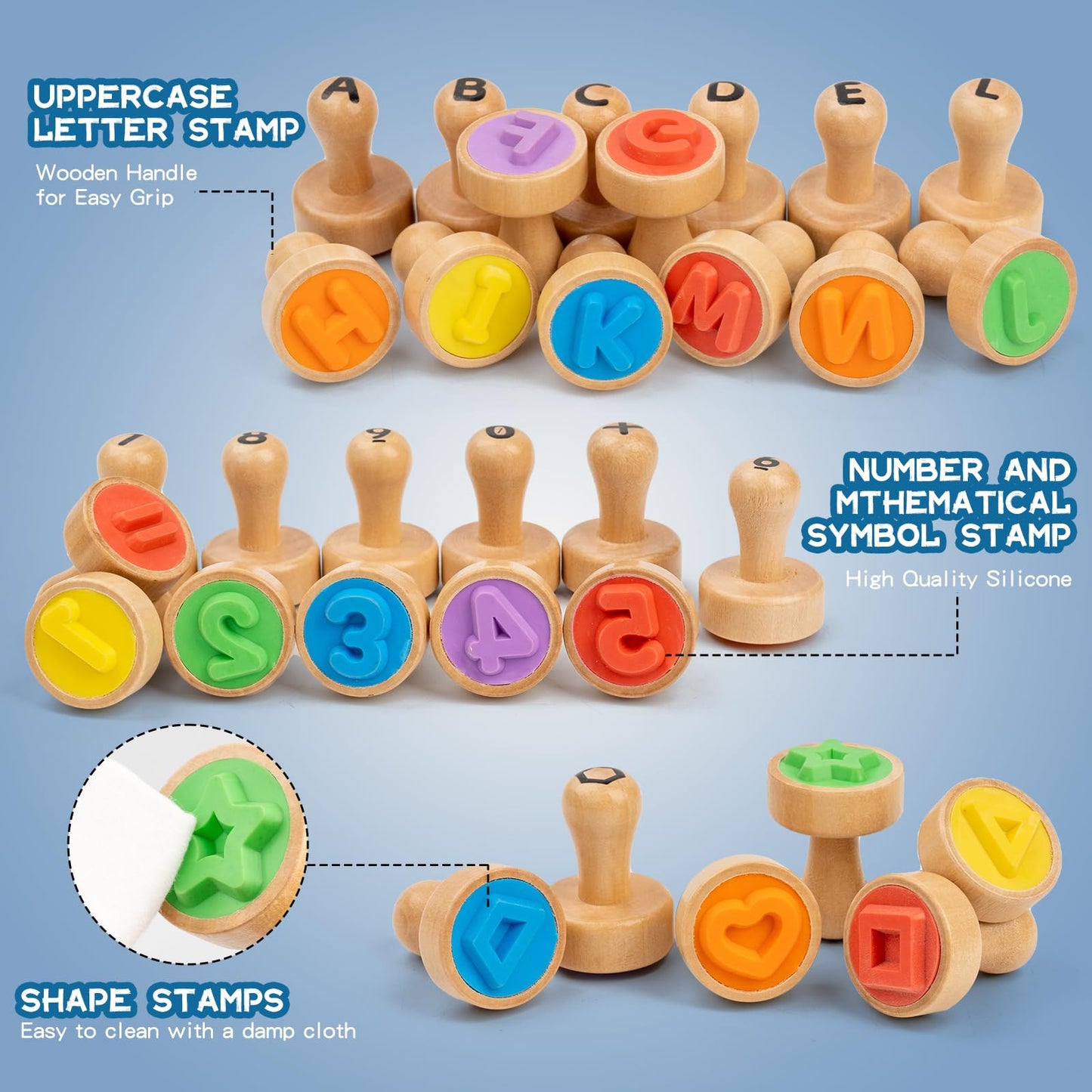 KDSFT Alphabet & Number Stamps for Kids — Wooden Montessori Stampers Set