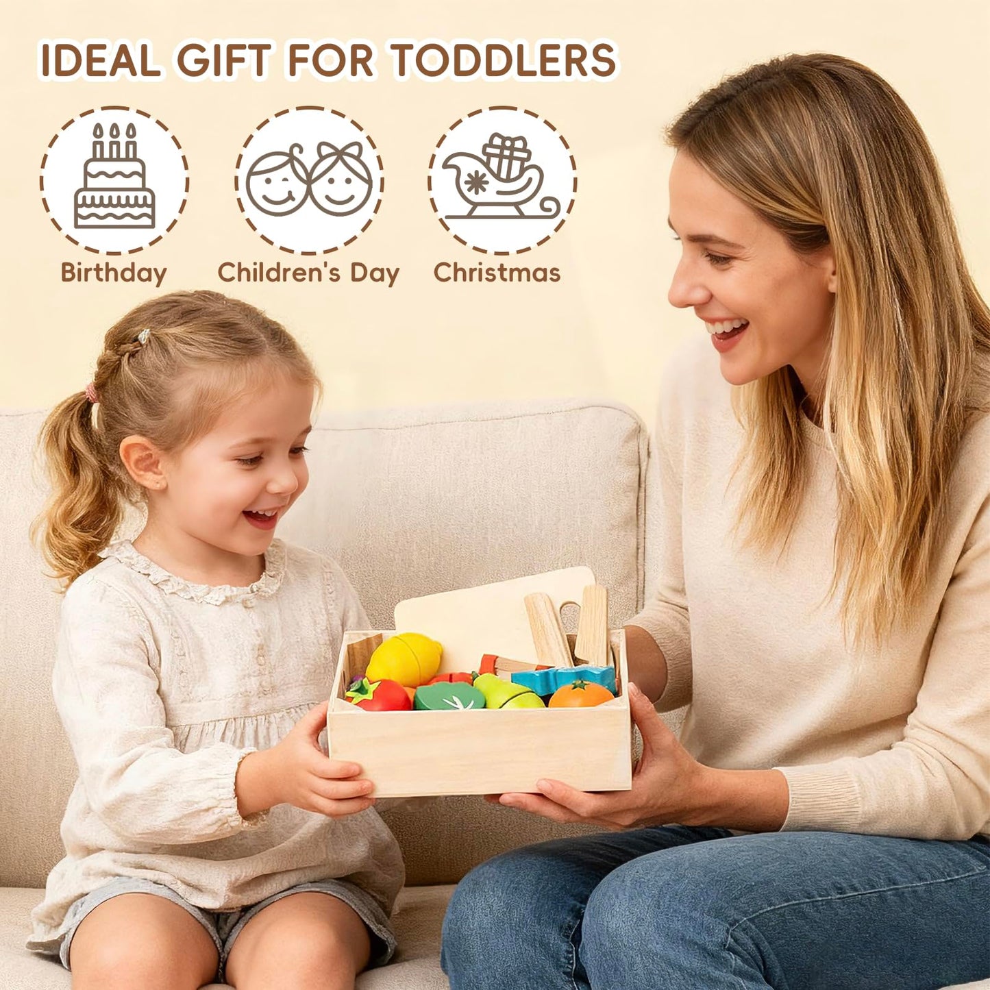 KDSFT Wooden Play Food for Toddlers – 34-Piece Velcro Fruit & Veg Set with Basket