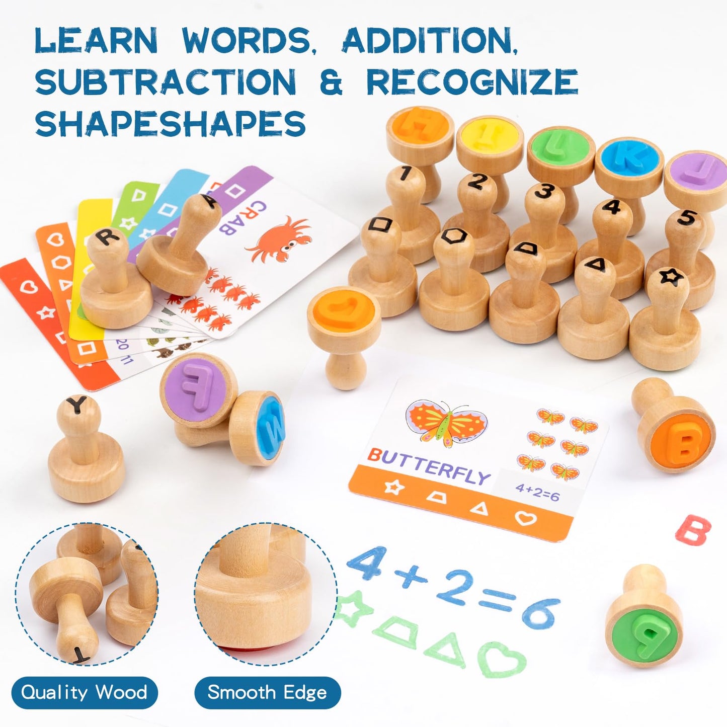 KDSFT Alphabet & Number Stamps for Kids — Wooden Montessori Stampers Set