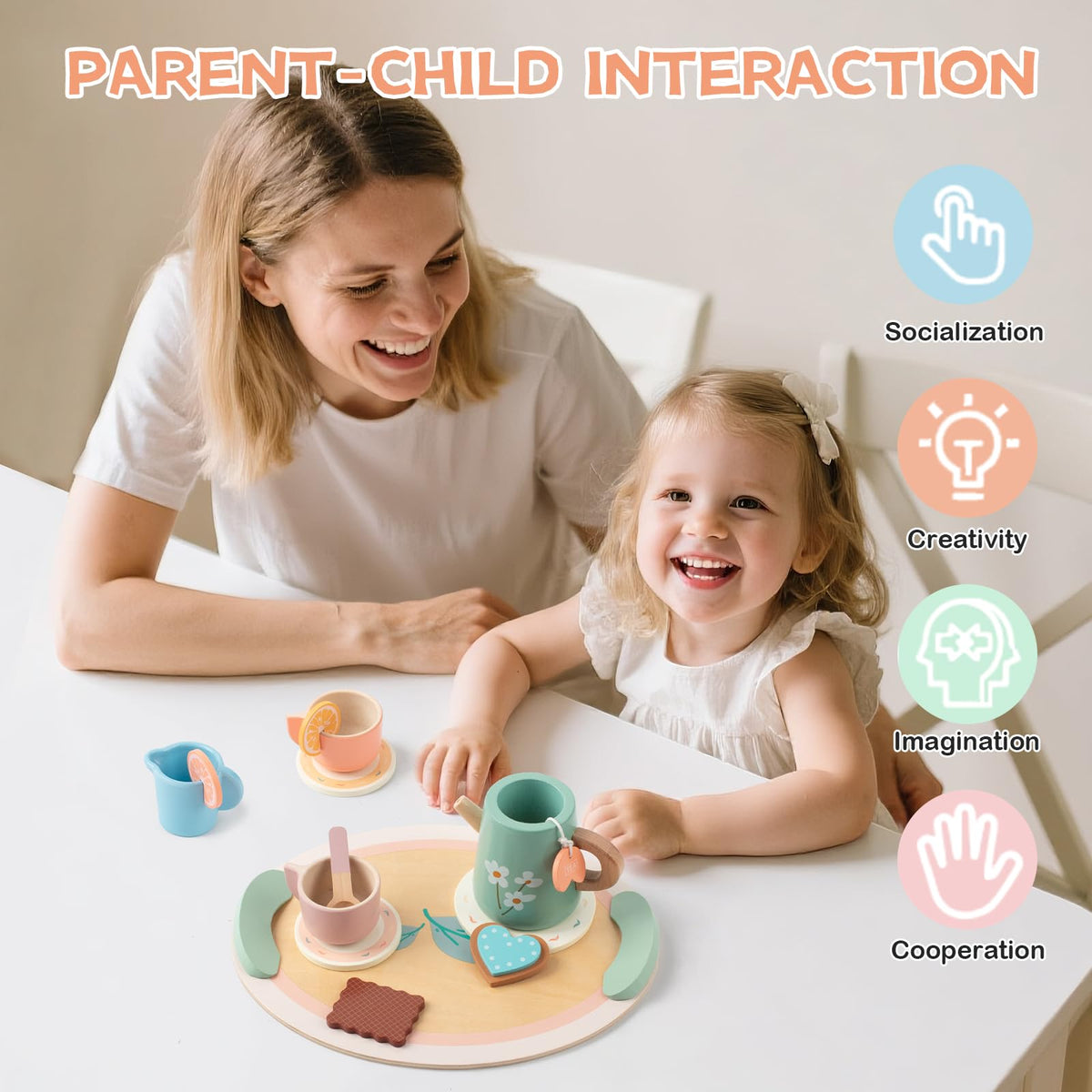 KDSFT Wooden Tea Party Set for Girls — 16-Piece Pretend Play Tea Set with Teapot, Cups & Desserts