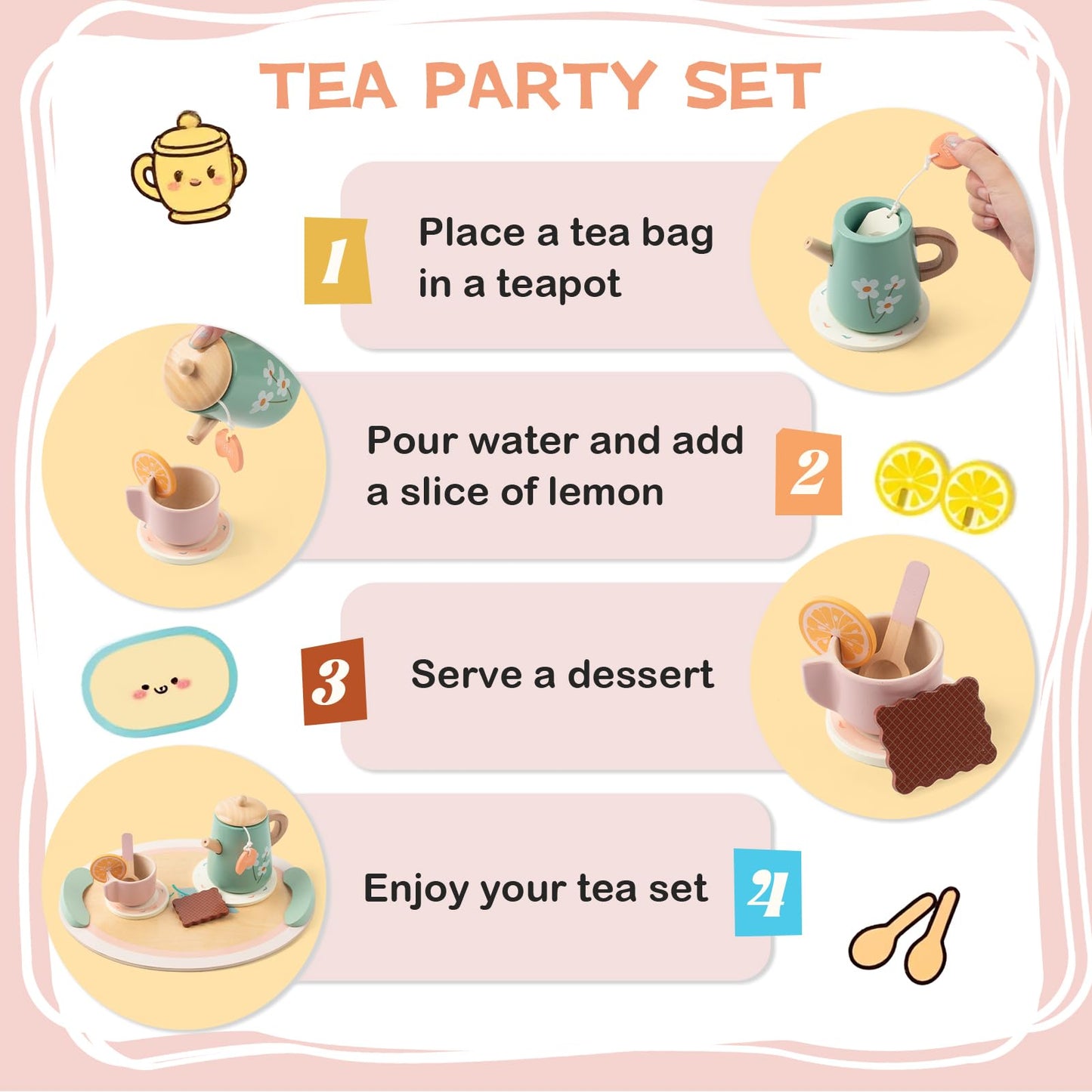 KDSFT Wooden Tea Party Set for Girls — 16-Piece Pretend Play Tea Set with Teapot, Cups & Desserts