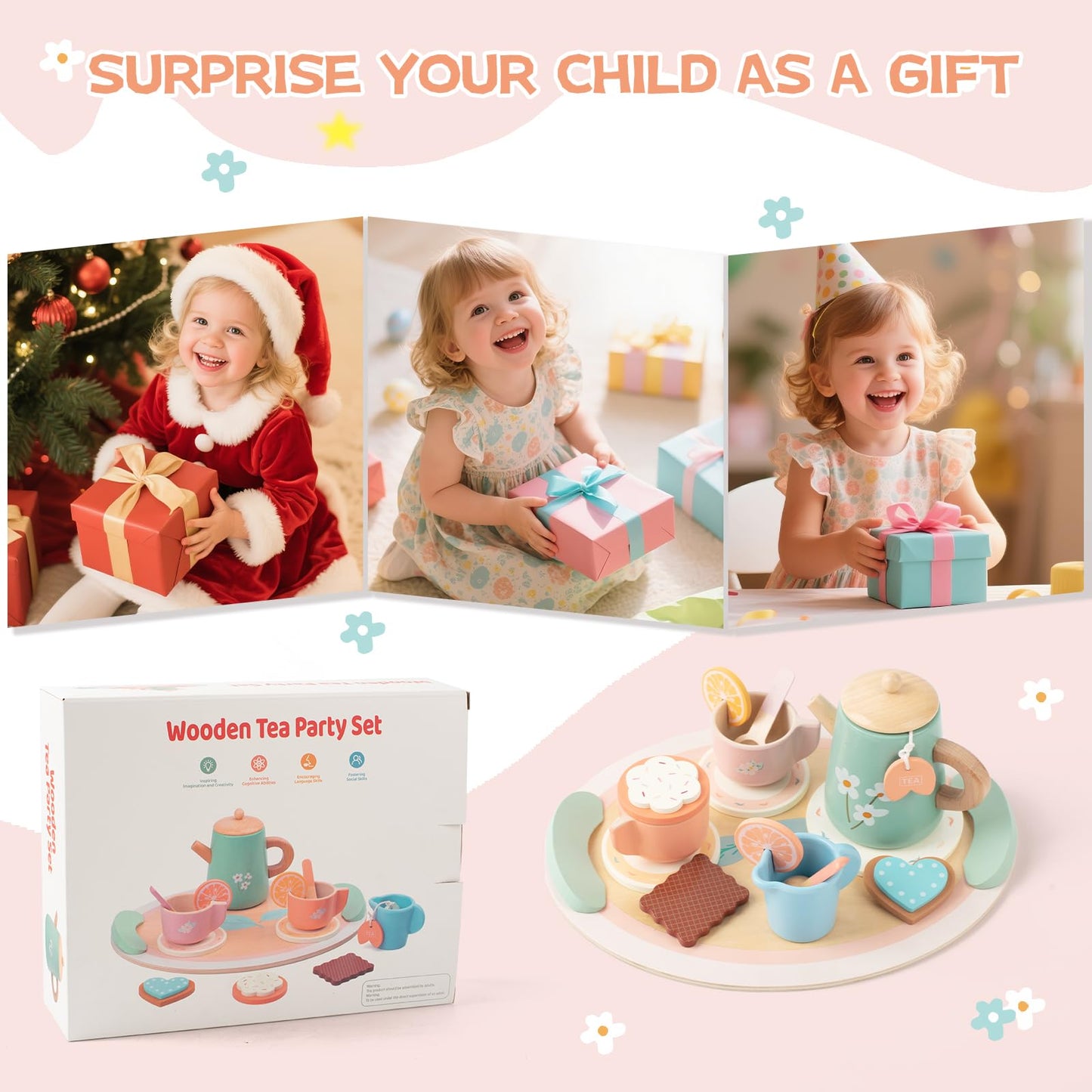 KDSFT Wooden Tea Party Set for Girls — 16-Piece Pretend Play Tea Set with Teapot, Cups & Desserts