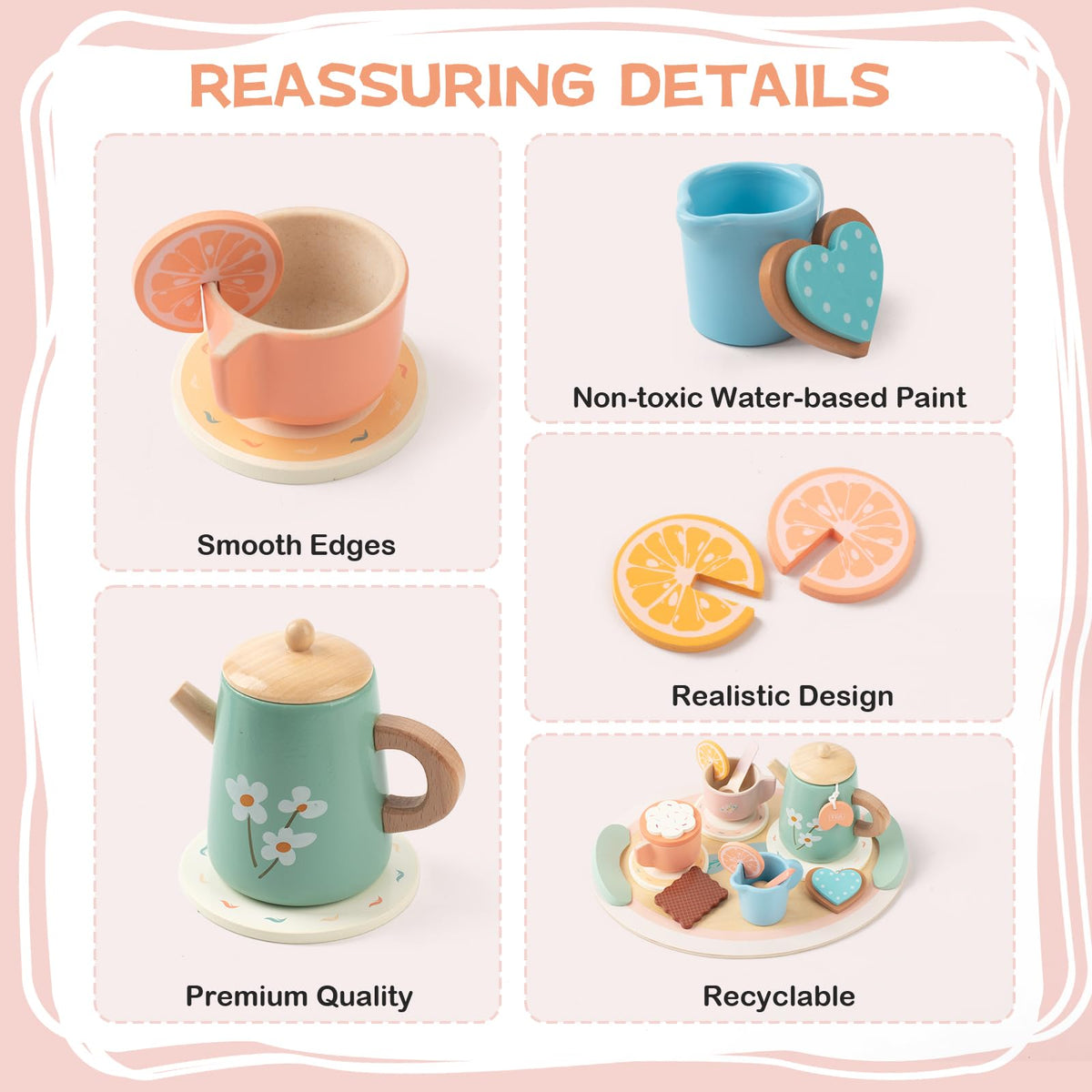 KDSFT Wooden Tea Party Set for Girls — 16-Piece Pretend Play Tea Set with Teapot, Cups & Desserts