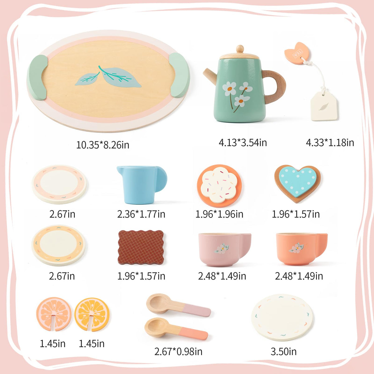 KDSFT Wooden Tea Party Set for Girls — 16-Piece Pretend Play Tea Set with Teapot, Cups & Desserts